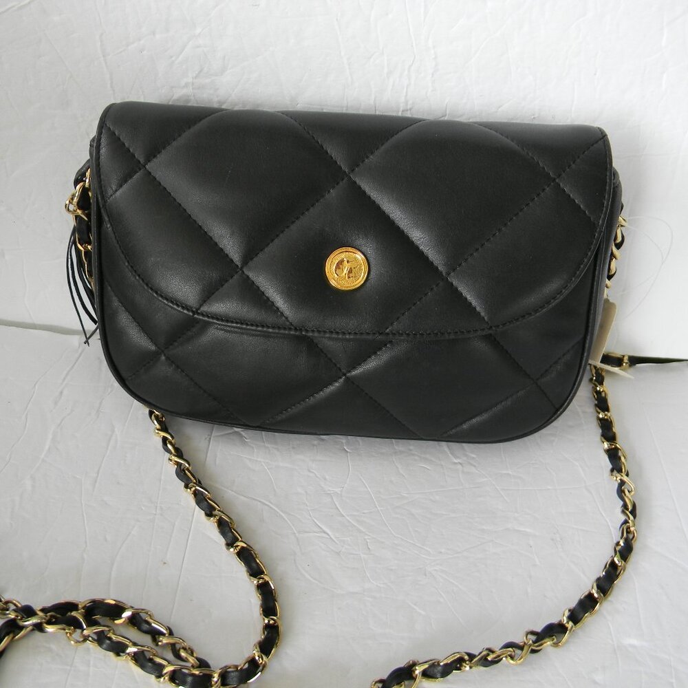 Vintage George Georgiou BLACK Quilted Leather Bag Purse Crossbody Chain KOREA